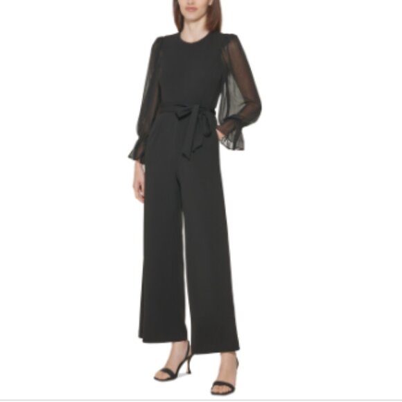 CALVIN KLEIN/G-III APPAREL GROUP Pants - Black Sheer-Sleeve Belted Wide-Leg Jumpsuit